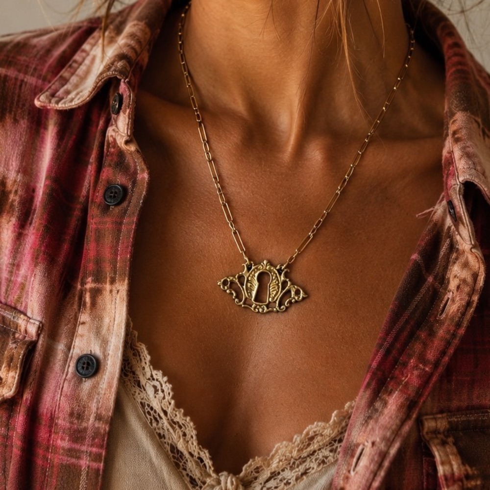 Antique Brass Keyhole Necklace | Raw Brass Paperclip‎ Chain
